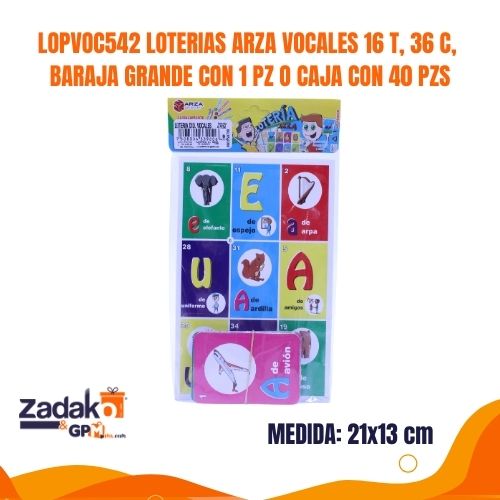 LOPVOC542 LOTERIAS ARZA VOCALES 16 T, 36 C,  BARAJA GRANDE CON 1 PZ O CAJA CON 40 PZS