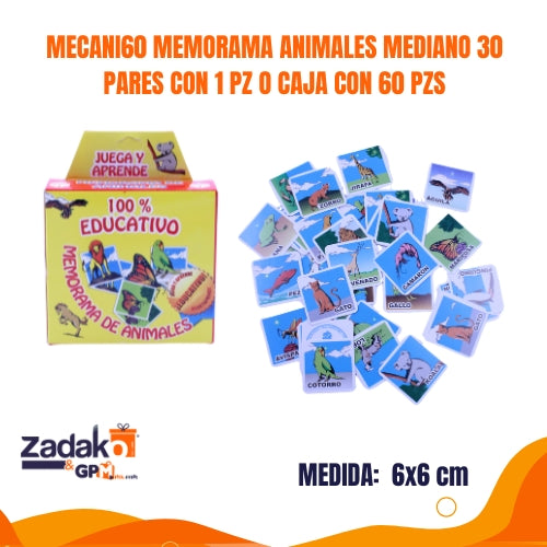 MECANI60 MEMORAMA ANIMALES MEDIANO 30 PARES  CON 1 PZ O CAJA CON 60 PZS