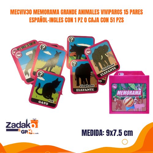 MECVIV30 MEMORAMA GRANDE ANIMALES VIVIPAROS 15 PARES ESPAÑOL-INGLES CON 1 PZ O CAJA CON 51 PZS