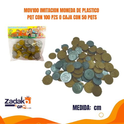 MOV100 IMITACION MONEDA DE PLASTICO PQT CON 100 PZS O CAJA CON 50 PQTS