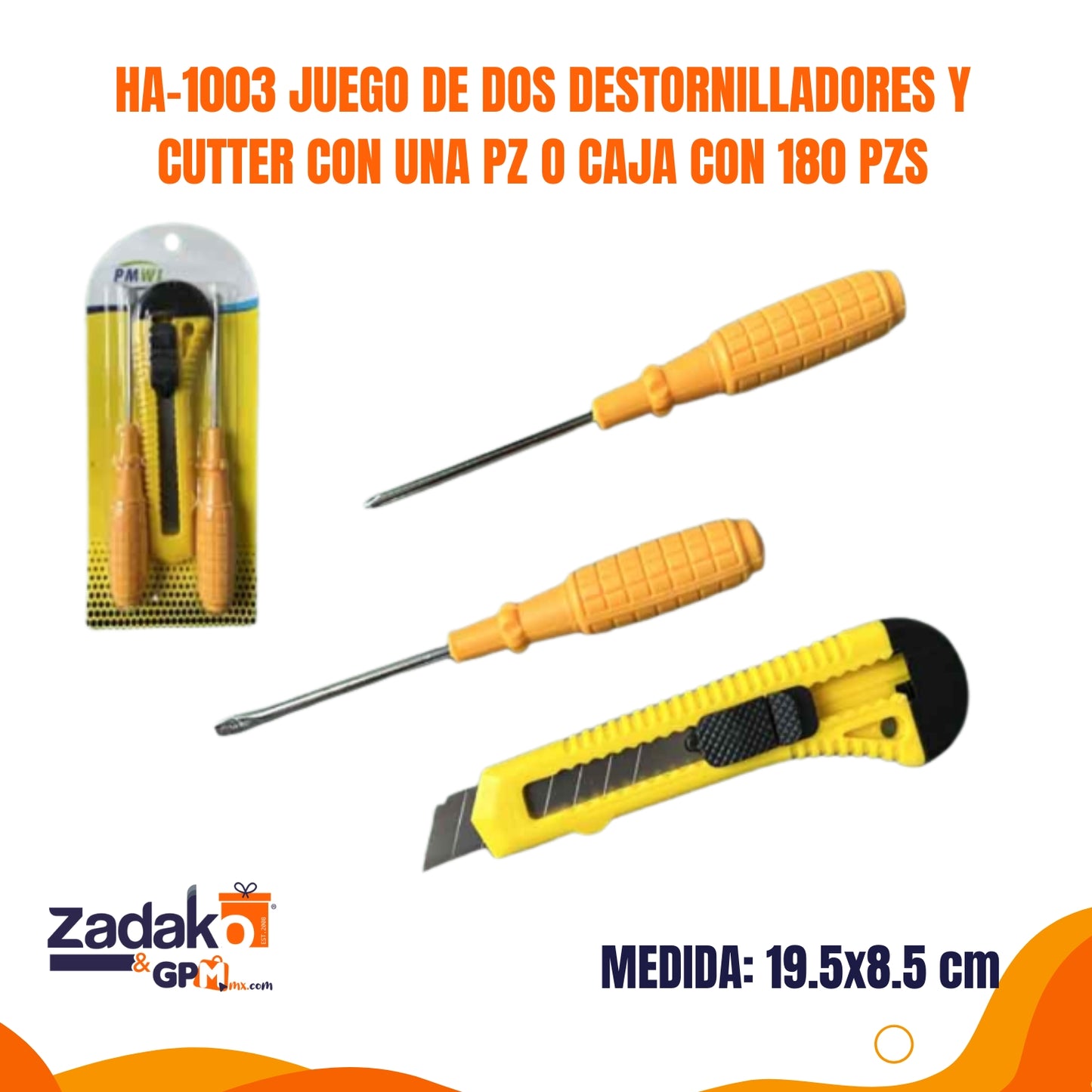 HA-1003 JUEGO DE DOS DESTORNILLADORES Y CUTTER CON UNA PZ O CAJA CON 180 PZS