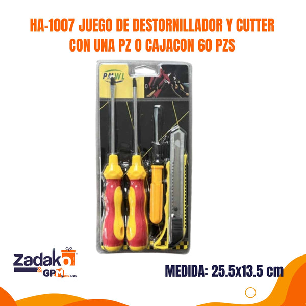 HA-1007 JUEGO DE DESTORNILLADOR Y CUTTER CON UNA PZ O CAJACON 60 PZS