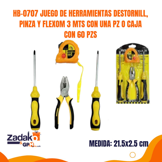 HB-0707 JUEGO DE HERRAMIENTAS  DESTORNILL, PINZA Y FLEXOM 3 MTS CON UNA PZ O CAJA CON 60 PZS