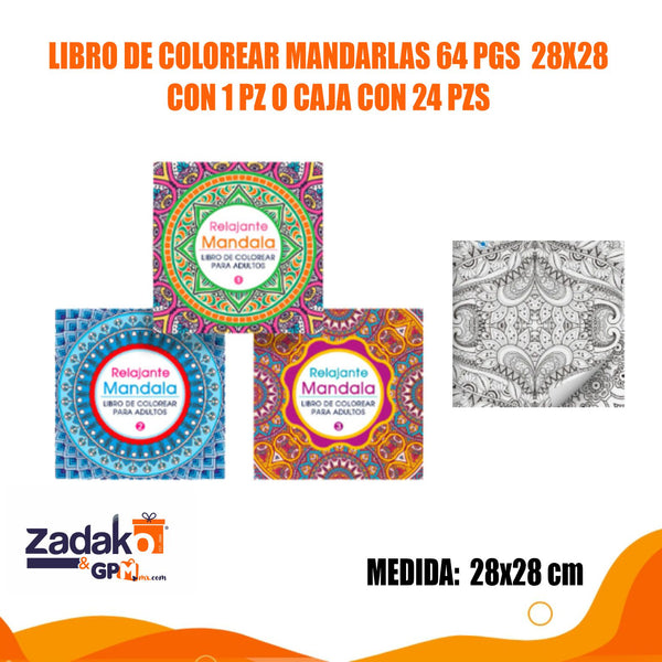 LIBRO DE COLOREAR MANDALAS 64 PAGINAS  28x28  CON 1 PZ O CAJA CON 24 PZS
