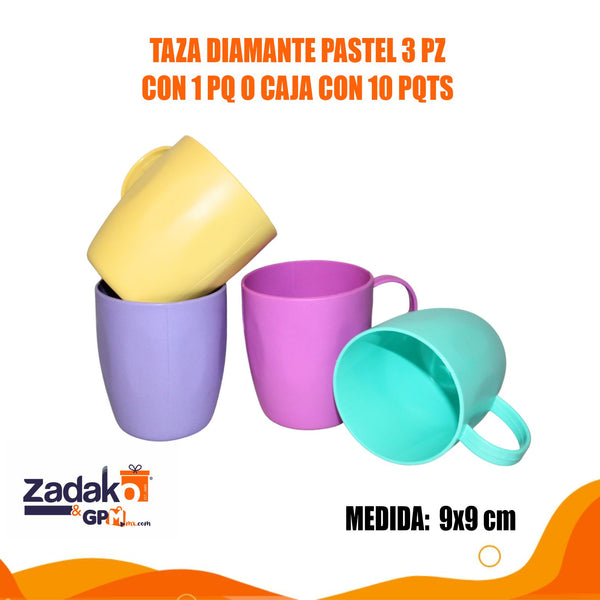 TAZA DIAMANTE PASTEL 3 PZ CON 1 PQ O CAJA CON 10 PQTS