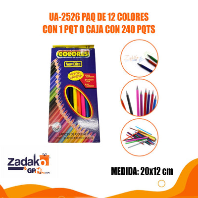 UA-2526 PAQ DE 12 COLORES CON 1 PQT O CAJA CON 240 PQTS