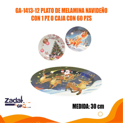 GA-1413-12 PLATO DE MELAMINA NAVIDEÑO CON 1 PZ O CAJA CON 60 PZS