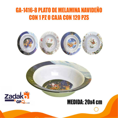 GA-1416-8 PLATO DE MELAMINA NAVIDEÑO CON 1 PZ O CAJA CON 120 PZS