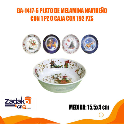 GA-1417-6 PLATO DE MELAMINA NAVIDEÑO CON 1 PZ O CAJA CON 192 PZS