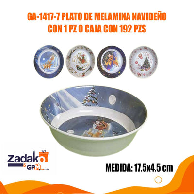 GA-1417-7 PLATO DE MELAMINA NAVIDEÑO CON 1 PZ O CAJA CON 192 PZS