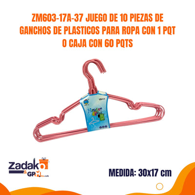 ZM603-17A-37 JUEGO DE 10PIEZAS DE GANCHOS DE PLASTICOS PARA ROPA CON 1 PQT O CAJA CON 60 PQTS