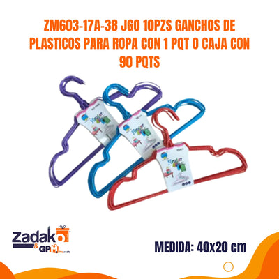 ZM603-17A-38 JUEDO DE 10 PIEZAS DE GANCHOS DE PLASTICOS PARA ROPA CON 1 PQT O CAJA CON 90 PQTS