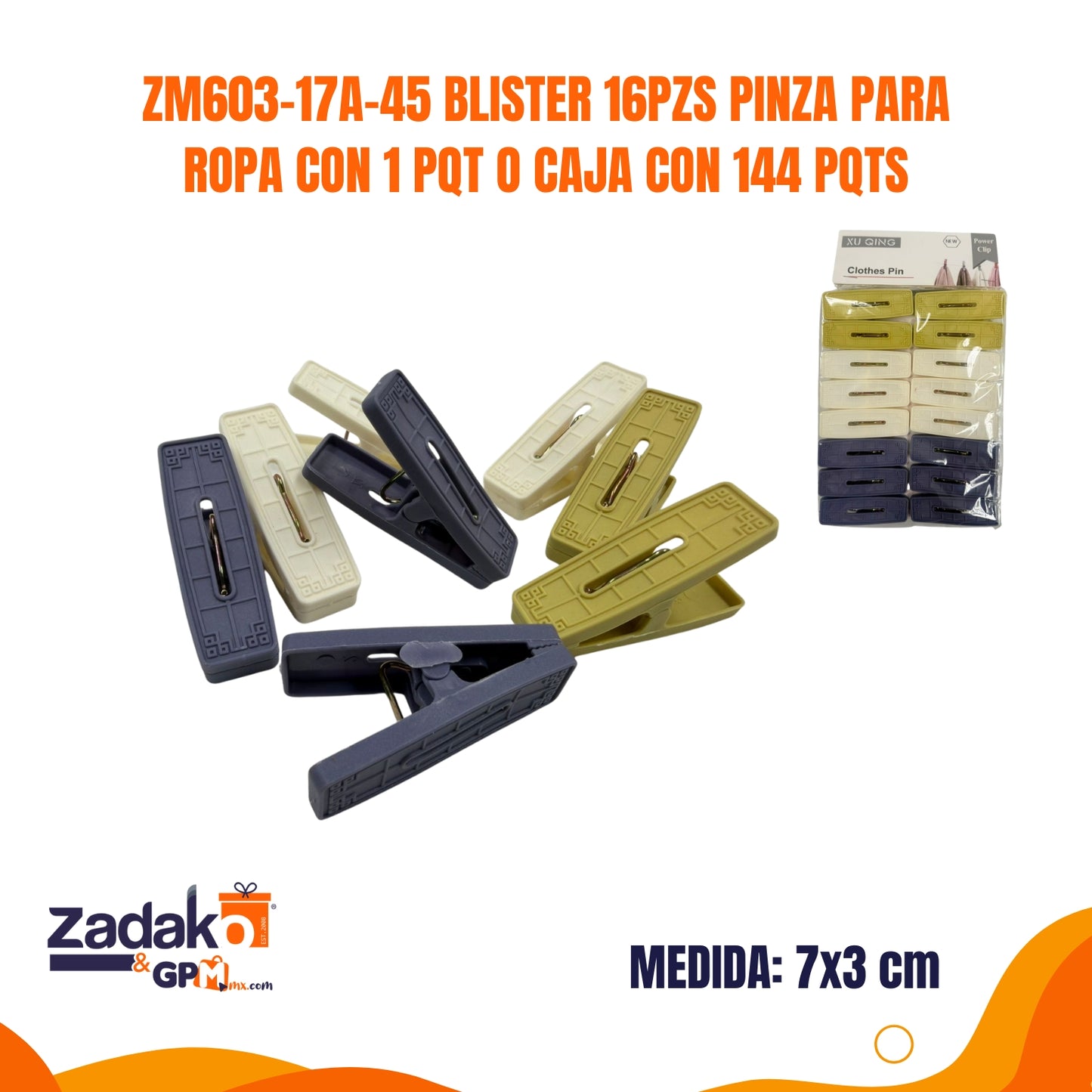 ZM603-17A-45 BLISTER CON 16 PINZAS PARA COLGAR ROPA CON 1 PQT O CAJA CON 144 PQTS