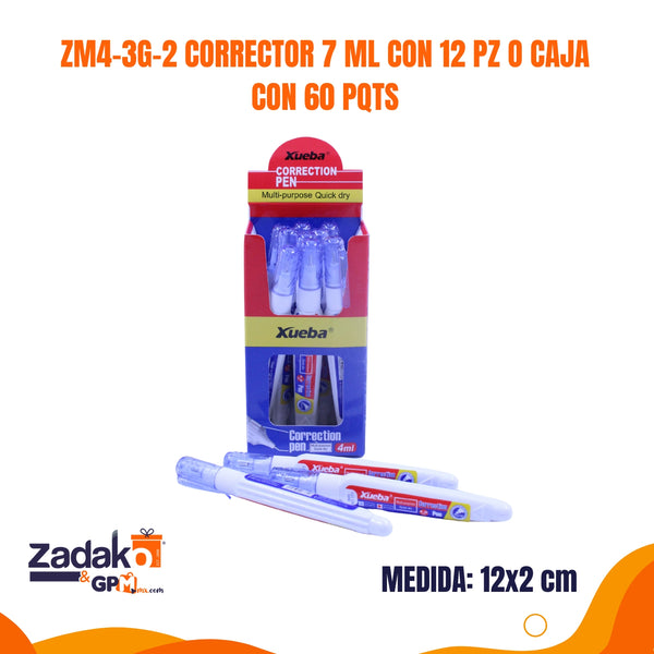 ZM4-3G-2 CORRECTOR 7 ML CON 12 PIEZAS O CAJA CON 60 PQTS