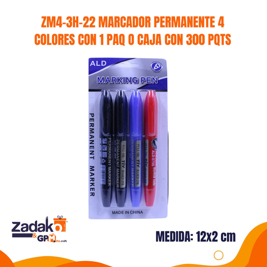 ZM4-3H-22 MARCADOR PERMANENTE 4 COLORES CON 1 PAQ O CAJA CON 300 PQTS