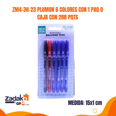 ZM4-3H-23 PLUMON 6 COLORES CON 1 PAQ O CAJA CON 288 PQTS