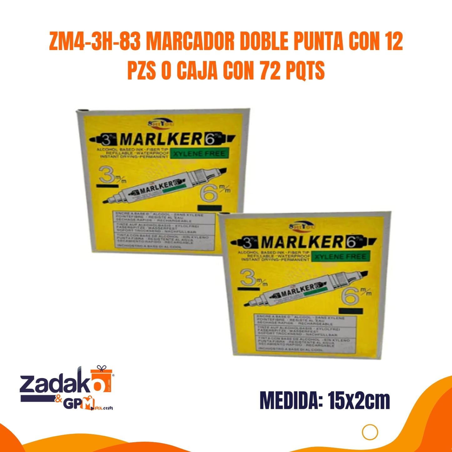 ZM4-3H-83 MARCADOR DOBLE PUNTA CON 12 PZS O CAJA CON 72 PQTS