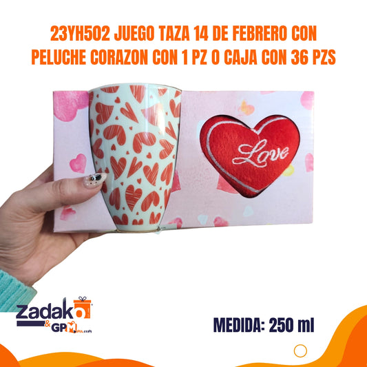 23YH502 JUEGO TAZA 14 DE FEBRERO CON PELUCHE CORAZON CON 1 PZ O CAJA CON 36 PZS