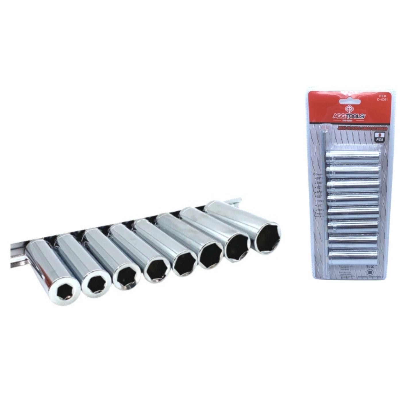 D0361 DADOS 1/2 PULGADA L 8 PIEZAS STRD CROMADO CON 1 PZ O CAJA CON 6 PZS