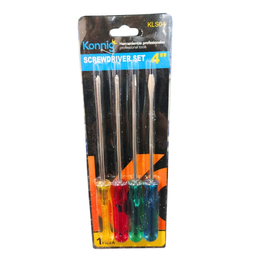 KLS04 JUEGO DE DESARMADORES EN BLISTER CON 4 PIEZAS MANGO DE COLORES CON 1 PZ O CAJA CON 240 PZS