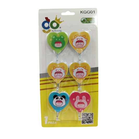 N-GPM-16371  KGG01 PERCHEROS EN BLISTER DE 6 PIEZAS EN FORMA DE CORAZON PANDA Y RANA CON 1 PZ O CAJA CON 240 PZS