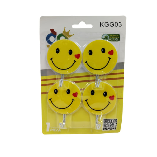 KGG03 PERCHEROS REDONDOS EN FORMA DE EMOJI EN BLISTER DE 4 PIEZAS CON 1 PZ O CAJA CON 300 PZS