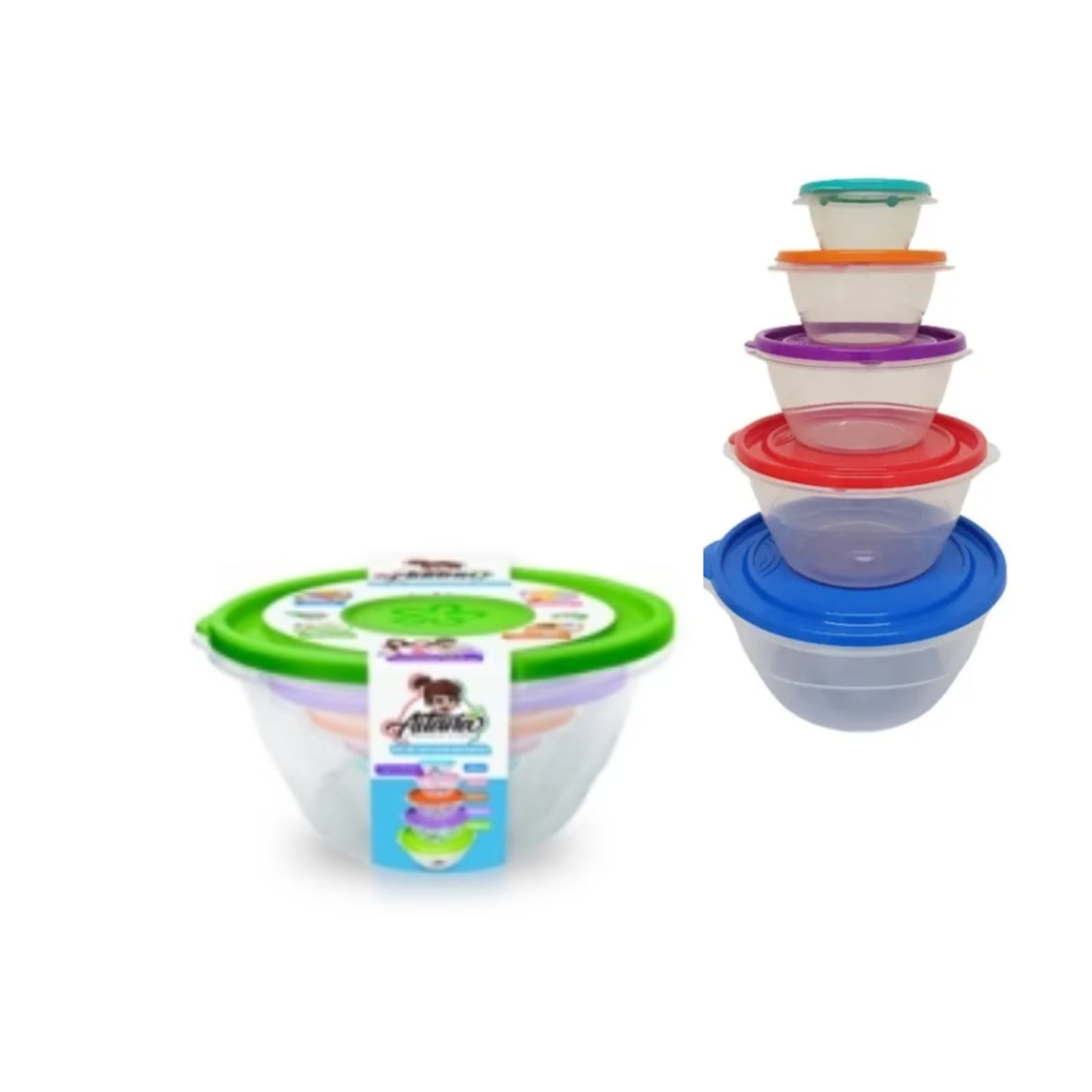AIT2501 JUEGO DE TUPPER FLOR REDONDO DE 5 PIEZAS TRASLUCIDO TAPA DE COLOR CON 1 PZ O CAJA CON 10 PZS