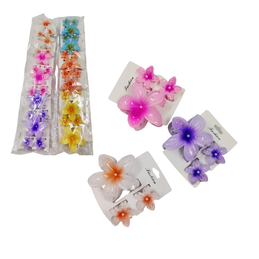 HFY-14387 JGO 3 PINZAS PARA CABELLO EN FORMA FLOR HAWAIANA CON 12 PZS O CAJA 50 PQTS