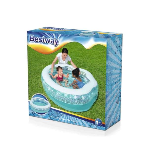 52489 ALBERCA INFLABLE CURVA 1.50x1.27x4.3 CM 3+ANILLOS COLOR TURQUEZA CON BRILLANTINA CON 1 PZ O CAJA CON 4 PZS