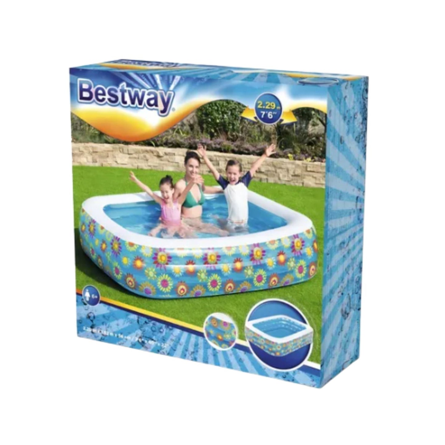 54120 ALBERCA INFLABLE RECTANGULAR 2.29x1.52x.56 CM 3 ANILLOS DECOR SOL CON 1 PZ O CAJA CON 2 PZS