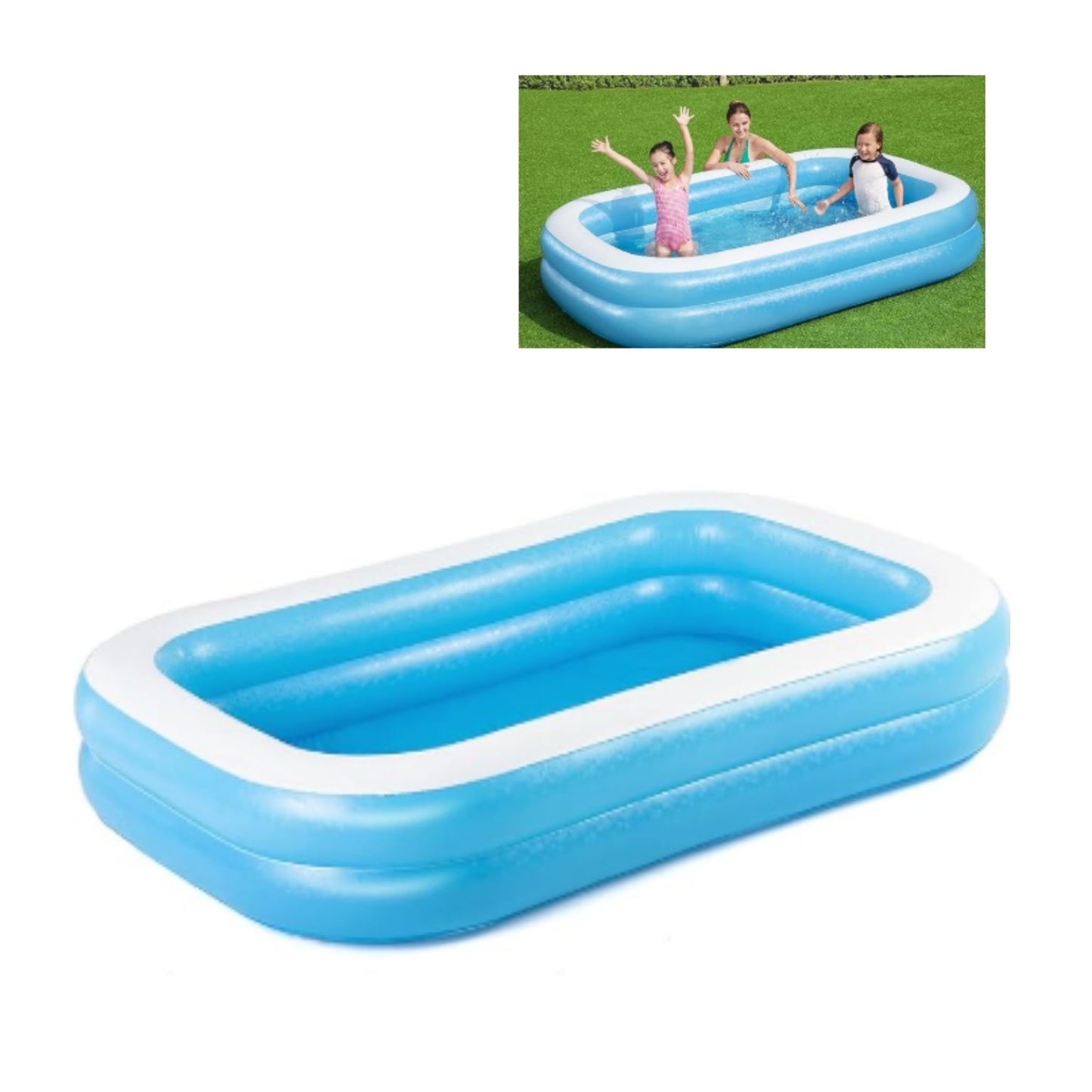 54006 ALBERCA INFLABLE RECTANGULAR 2.62x1.75x.51 CM 2 ANILLOS AZUL CON BLANCO CON 1 PZ O CAJA CON 3 PZS