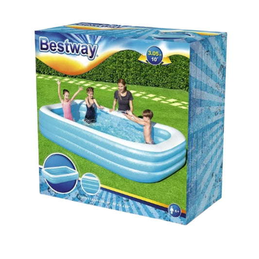 54009 ALBERCA INFLABLE RECTANGULAR 3.05x1.83x.56 CM 3 ANILLOS AZUL CON BLANCO CON 1 PZ O CAJA CON 2 PZS