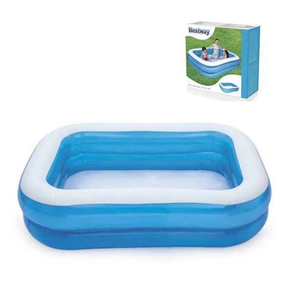 12819 ALBERCA INFLABLE RECTANGULAR 2.11x1.32x.46 CM AZUL BLANCO CON 1 PZ O CAJA CON 3 PZS