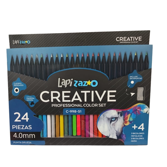 C-998-51 LAPICES DE COLORES 4 MM CON 24 COLORES+2 LAPICES DOBLES METALICOS+2 LAPICES DOBLES NEON Y SACAPUNTAS CON 1 SET O CAJA CON 72 SETS