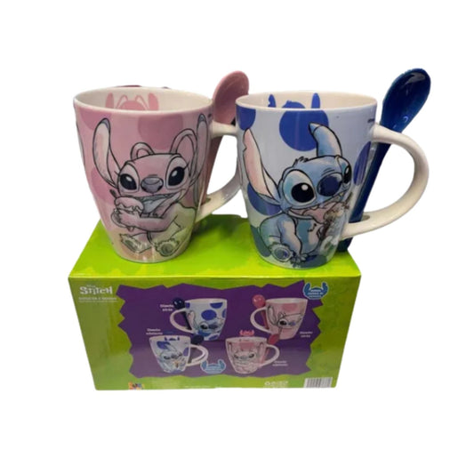 1738-252 JUEGO DE 2 TARROS CON CUCHARA STITCH Y ANGEL DE CERAMICA CON 1 PZ O CAJA CON 6 PZS