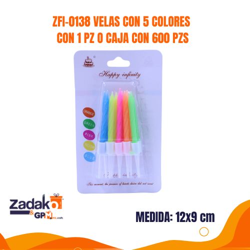 ZFI-0138 VELAS CON 5 COLORES CON 1 PZ O CAJA CON 600 PZS