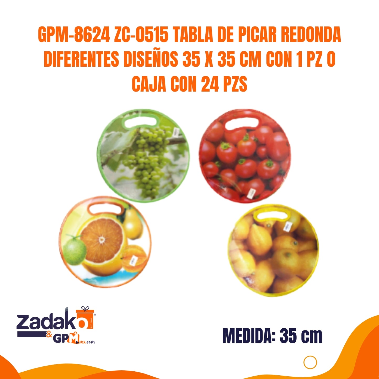 GPM-8624 ZC-0515 TABLA DE PICAR REDONDA DIFERENTES DISEÑOS  35 X 35 CM CON 1 PZ O CAJA CON 24 PZS