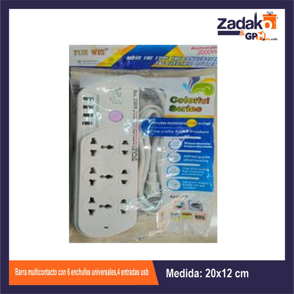 GPM-8994 BARRA MULTICONTACTO CON 6 ENCHUFES UNIVERSALES,4 ENTRADAS USB CON 1 PZ O CAJA CON 80 PZS