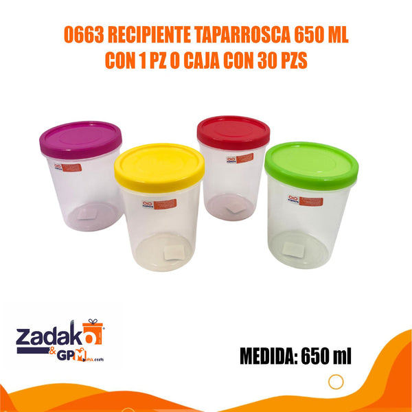 0663 RECIPIENTE TAPARROSCA 650 ML CON 1 PZ O CAJA CON 30 PZS