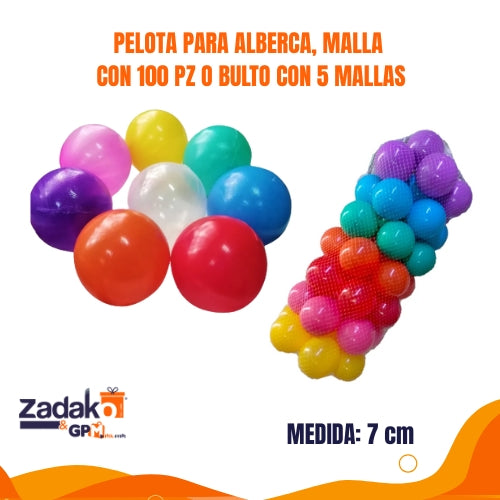 PELOTA PARA ALBERCA, MALLA CON 100 PZ O BULTO CON 5 MALLAS