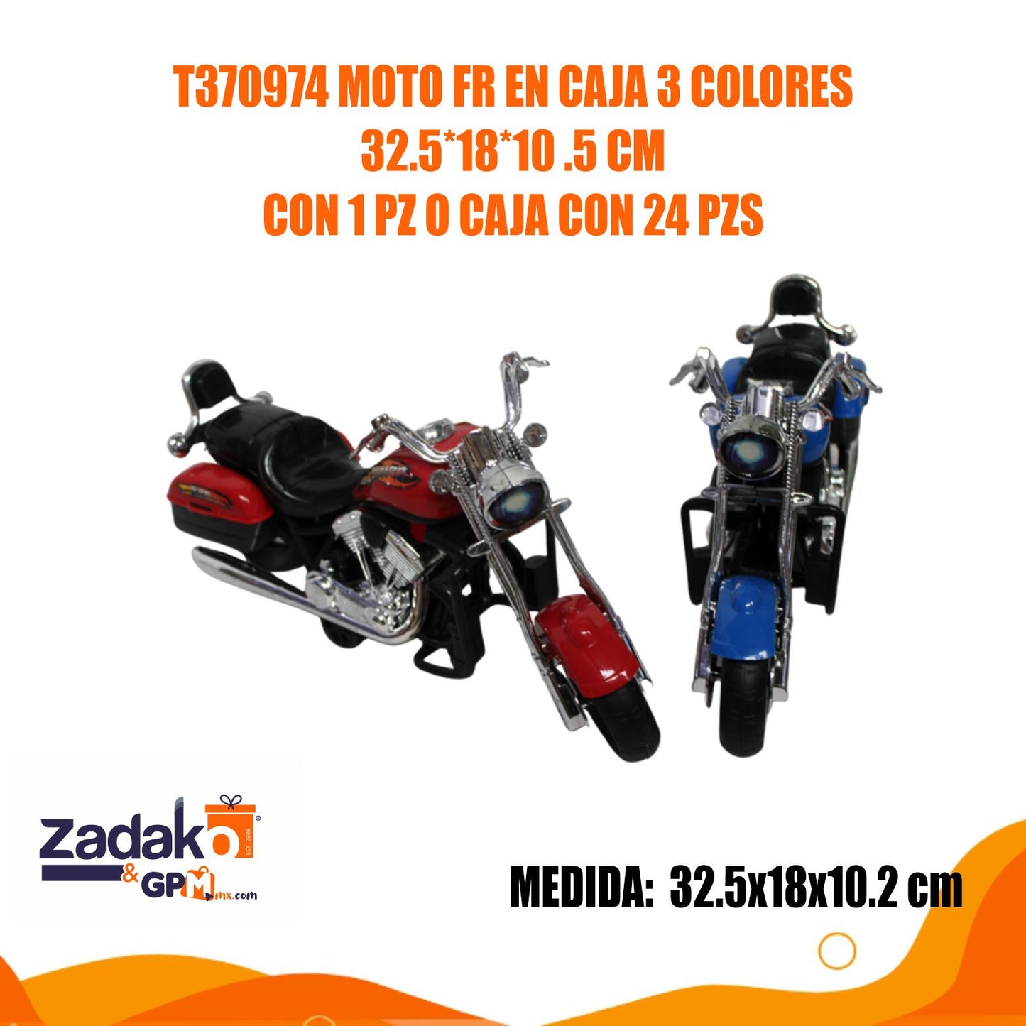 T370974 MOTO FR EN CAJA 3 COLORES 32.5*18*10 .5 CM CON 1 PZ O CAJA CON 24 PZS