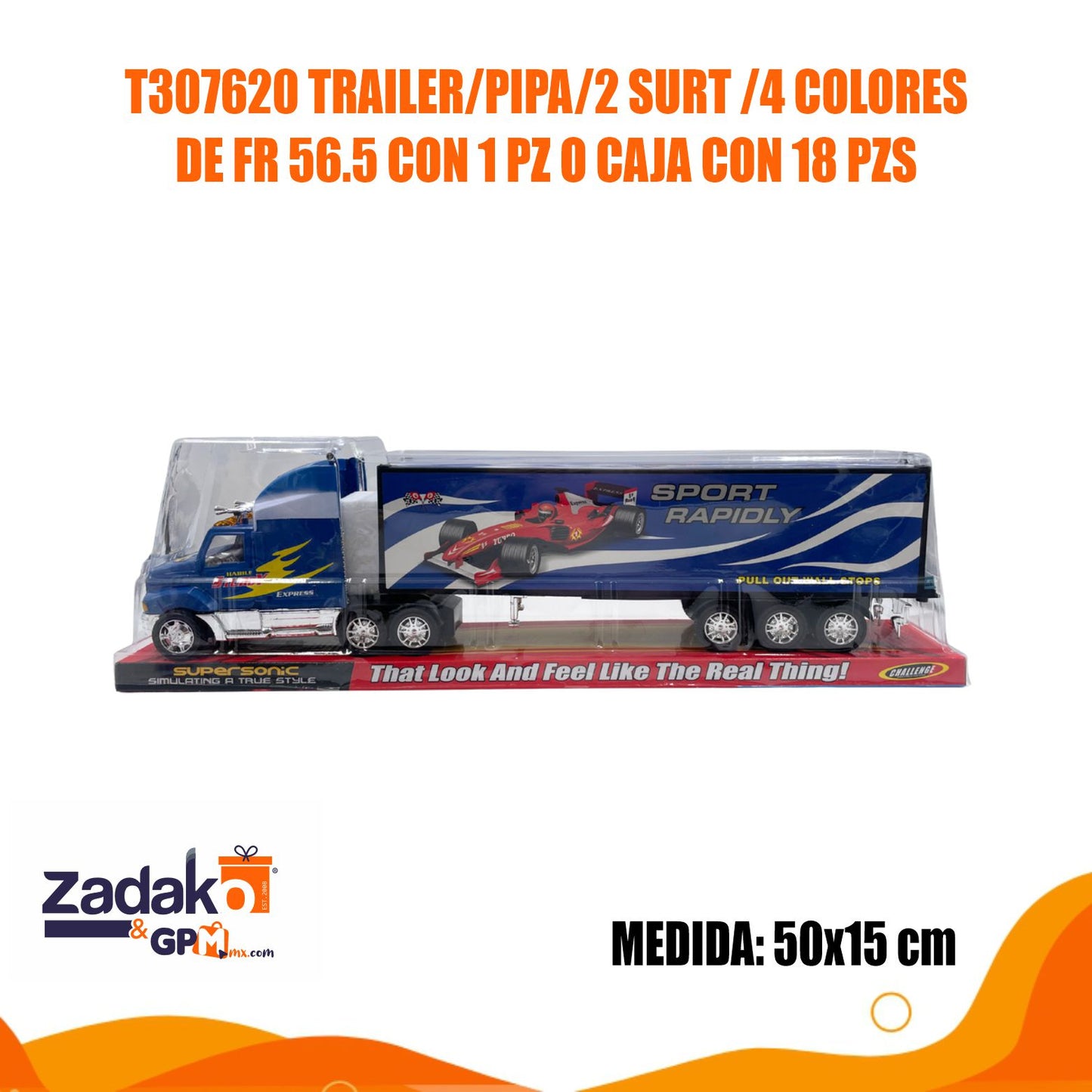 T307620 TRAILER/PIPA/2 SURT /4 COLORES DE FR 56.5 CON 1 PZ O CAJA CON 18 PZS