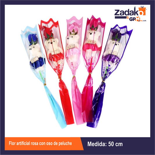 GPM-0002 FLOR ARTIFICIAL ROSA CON OSO DE PELUCHE CON 12 PZS O CAJA CON 30 PQTS
