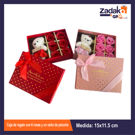 GPM-0023 CAJA DE REGALO CON 6 ROSAS Y  UN OSITO DE PELUCHE CON 1 PZ O CAJA CON 160 PZS