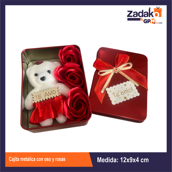 GPM-0027 CAJITA METALICA CON OSO Y ROSAS 12X9X4 CM CON 1 PZ O CAJA CON 200 PZS