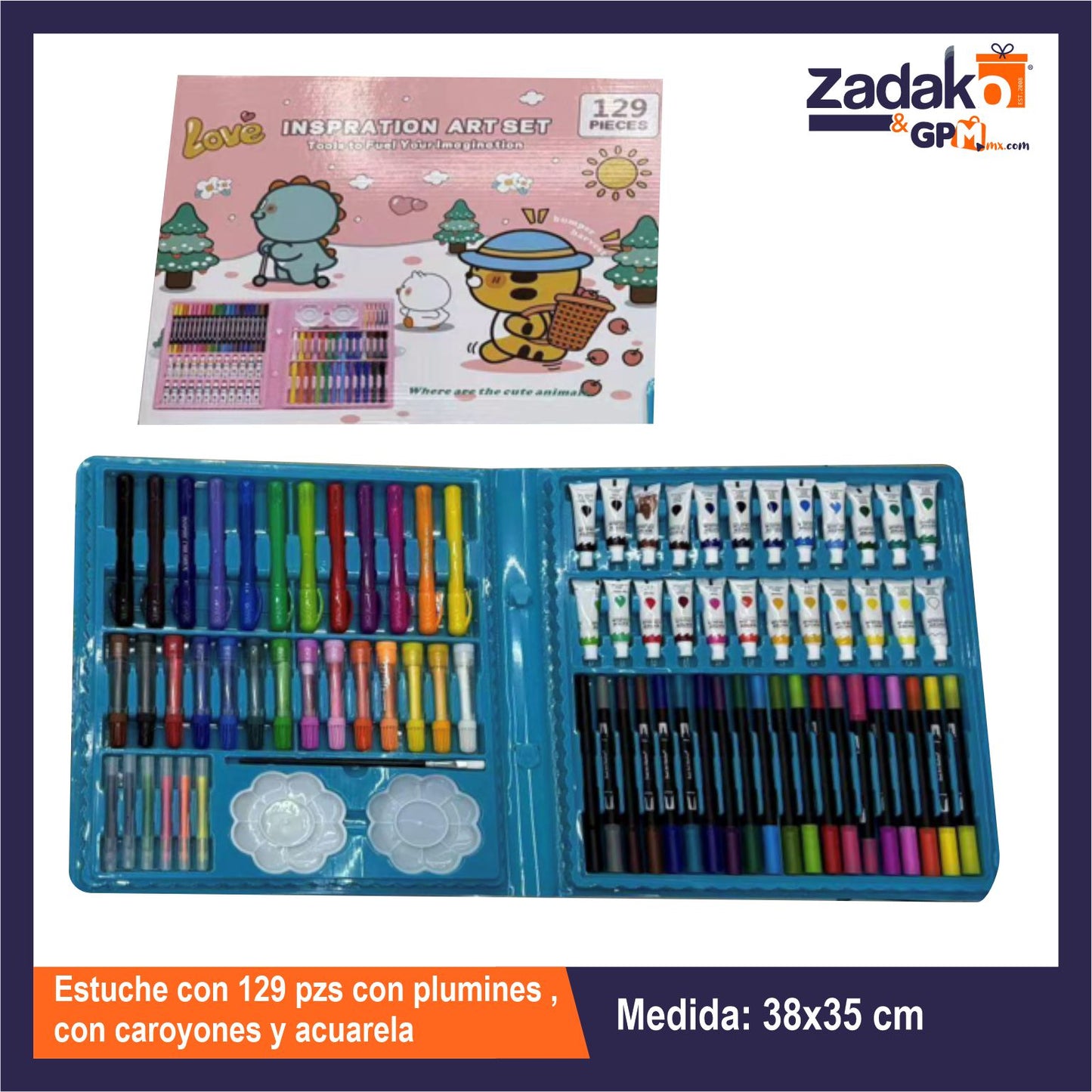 GPM-0164  HFY-12943 ESTUCHE CON 129 PZS CON PLUMINES , CON CRAYONES Y ACUARELA CON 1 PZ O CAJA CON 20 PZS