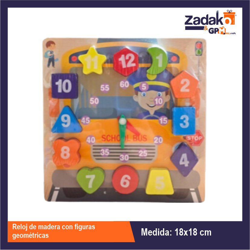 GPM-0373 RELOJ DE MADERA CON FIGURAS GEOMETRICAS 18 X 18 CM CON 1 PZ O CAJA CON 150 PZS