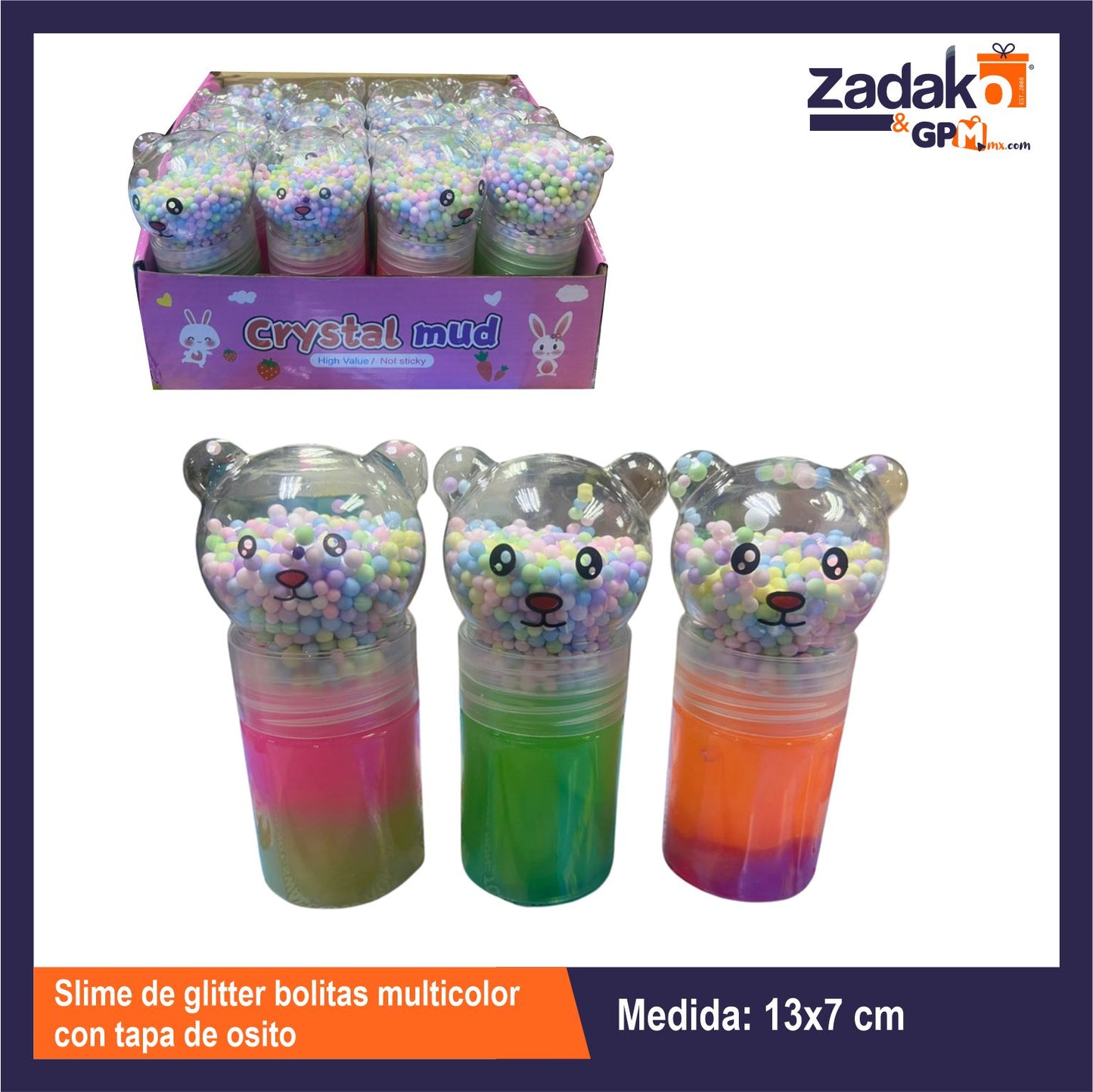 GPM-0536 SLIME DE GLITTER BOLITAS MULTICOLOR CON TAPA DE OSITO CON 12 PZS O CAJA CON 12 PQTS