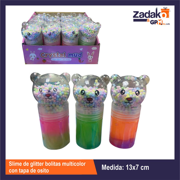 GPM-0536 SLIME DE GLITTER BOLITAS MULTICOLOR CON TAPA DE OSITO CON 12 PZS O CAJA CON 12 PQTS