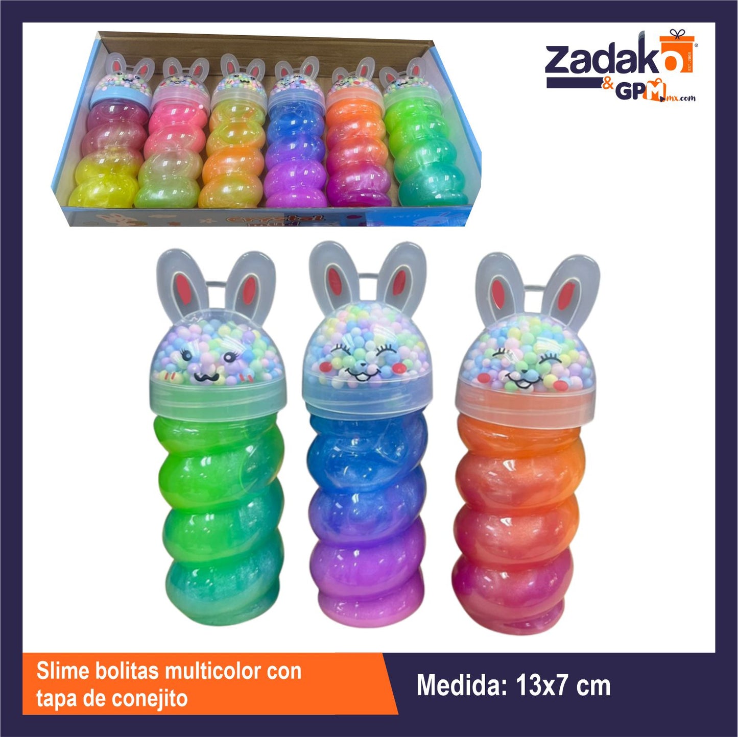 GPM-0537 SLIME BOLITAS MULTICOLOR CON TAPA DE CONEJITO  CON 6 PZS O CAJA CON 24 PQTS